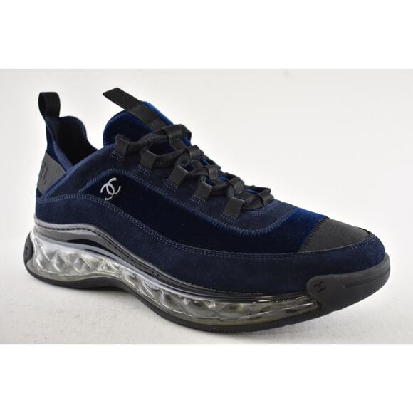 Chanel 20A Mens Blue Velvet Black CC Logo Lace Up Low Top Trainer Sneaker 44 11 - Picture 5 of 13